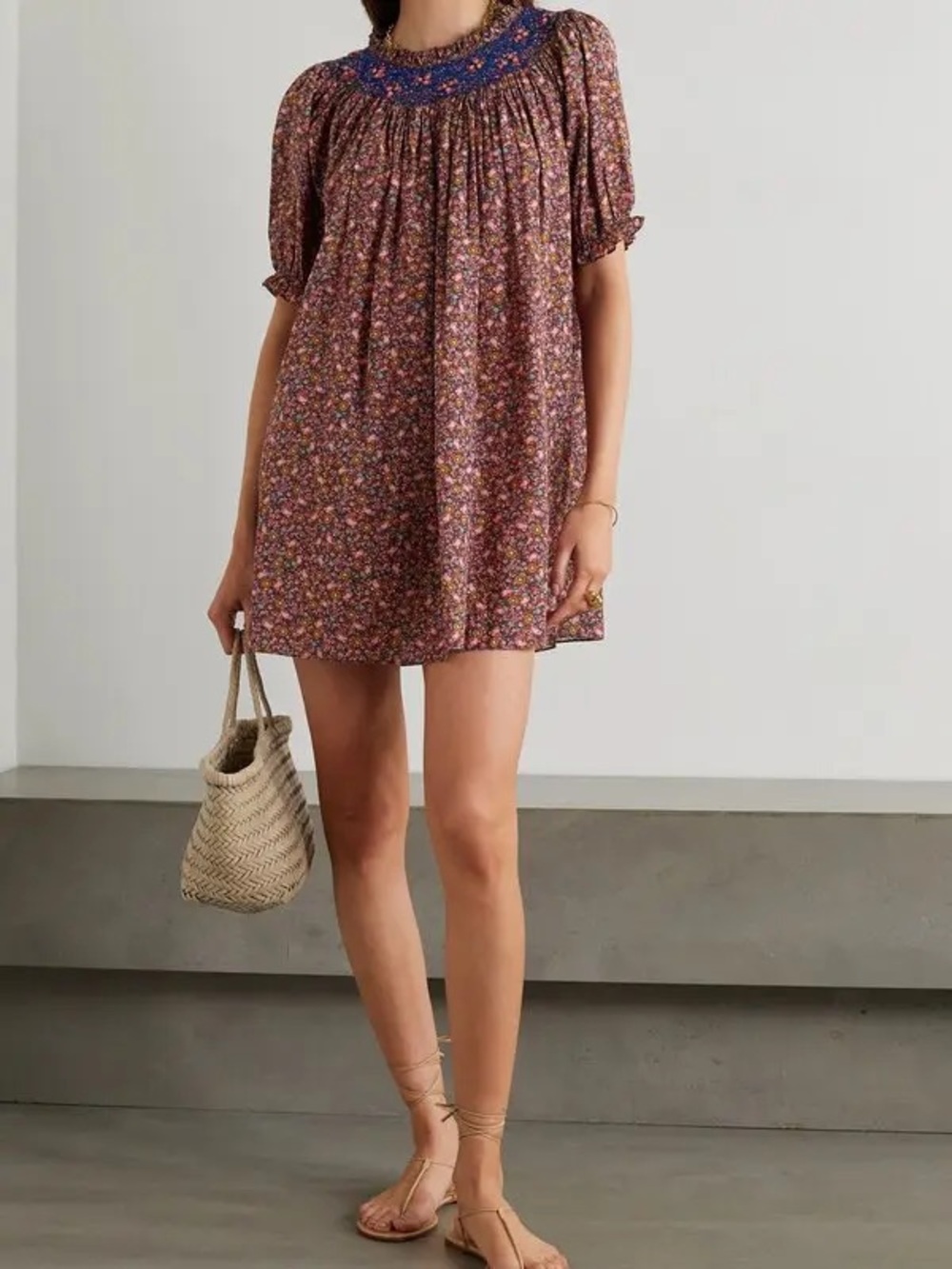 Doen Floral Puff Sleeve Smocked Yoke Dress - Black/Pink - Picture 3 of 3
